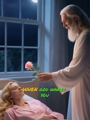 A serene image shows a woman asleep in a bed, with a window in the background revealing a night scene. A figure resembling an angel or a man in white robes is extending a pink rose towards her. Text overlayed on the picture says "WHEN GOD WAKES YOU". The overall composition evokes a feeling of peace and spiritual communication.