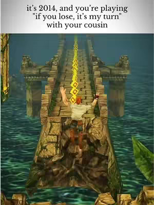The image shows a screenshot from the mobile game Temple Run. The image is centered on the character as he runs along a stone bridge, with arms raised in a celebratory pose. The background is a blurred depiction of stone structures and a body of water.