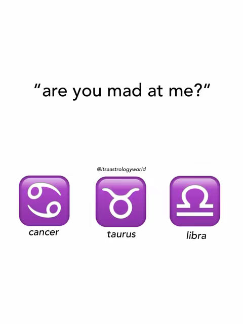 The cover image is a white background with text and three zodiac symbol emojis. The text overlay reads "are you mad at me?" in a black font. Below the text are three emoji rectangles, each with a different zodiac symbol and the corresponding name below each symbol: cancer, taurus, and libra.