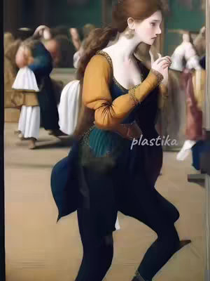 An AI-generated or digitally manipulated image depicting a woman in historical attire, possibly inspired by Renaissance or Baroque styles. The woman is in profile, with long brown hair and a pale complexion, and is leaning towards a figure outside the frame. She is in a room with several other figures. The atmosphere feels like it is from an art museum.