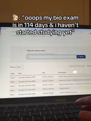 A laptop screen is open, displaying an interface for an academic course search, with the words " Search course name" visible, with an overlay of text. The background appears to be of a simple neutral wall, and the screen is visible to display an exam. The text overlay uses a casual font.