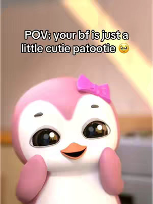 An animated image featuring a pink penguin character with a large bow on its head. The penguin has large, expressive eyes and is covering its face with its pink flippers, suggesting shyness or cuteness. Overlayed text at the top states "POV: your bf is just a little cutie patootie". The background behind the penguin is softly blurred, possibly a room setting.
