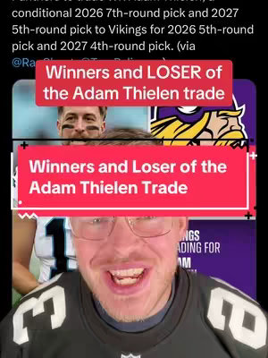 The image is a vertical video cover featuring a man's face in the foreground, partially obscured by a colorful text overlay and background images. The man, wearing glasses and a jersey, appears excited. Above him, a text overlay says "Winners and LOSER of the Adam Thielen trade" over an image of two football players. The background is mainly black with other visible information, indicating a video related to fantasy football analysis, specifically on the Adam Thielen trade.