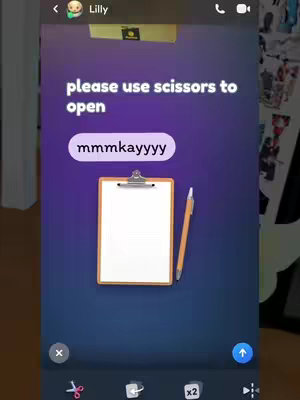 The image shows a phone screen. The background is a gradient of dark blue and purple. In the center of the screen, there is a white clipboard with an orange border and a silver clip, and a light orange pen. Above the clipboard is a small, off-white cardboard box. Above the box, the hook text is written in white text that reads 'please use scissors to open'. Below the text, a white rounded rectangle contains the words 'mmmkayyyy'. The overall composition is minimalistic, and the colors are cool-toned.