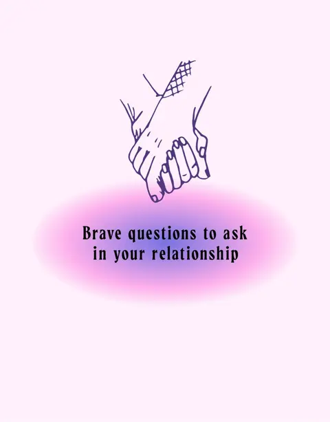 The image features a minimalist design with a pale pink background. At the top, there's a simple line drawing of two hands clasped together, symbolizing connection. Beneath this, a soft, blurred oval in shades of purple and pink contains the text "Brave questions to ask in your relationship" in a clear, easy-to-read font.