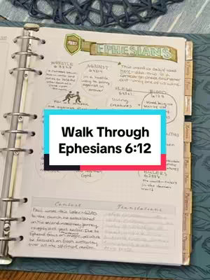An open notebook is displayed, filled with handwritten notes, diagrams, and highlighted text. The notebook lies open on a patterned surface, likely a table or desk. Above the notebook, a text overlay sits in the form of a colored rectangle, and text within reads, \"Walk Through Ephesians 6:12\". The notebook appears to be a part of study on the scripture.