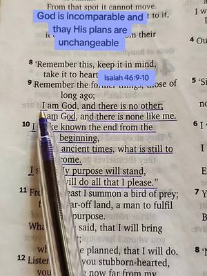The image is a close-up view of a Bible page, with a pen resting on it. Text from the book is visible. Highlighted text in blue states,  "God is incomparable and thy His plans are unchangeable". The book has a light colored background.