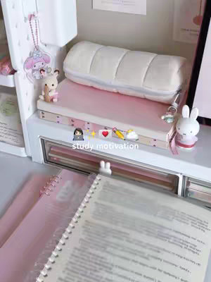 A desk setup with a white organizer holding a My Melody keychain along with a stuffed animal, and pink notebooks. On the desk is a notepad with text, and there is a white pencil case.