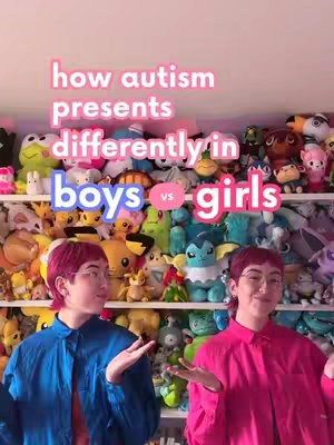 The cover image features two versions of the same person, seemingly a woman with short, reddish-pink hair, wearing glasses, and dressed in different colored shirts. Both figures are positioned with the plushies in the background, against a wall full of plush toys of various colors and characters. Text overlays above the figures read "how autism presents differently" and further subdivide with "boys vs girls".