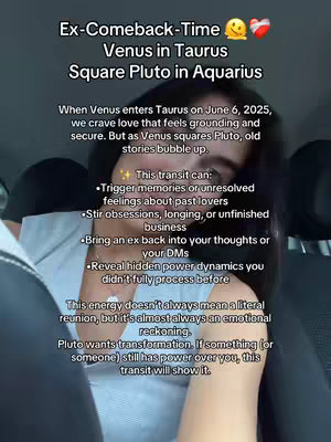 The cover image features a woman with dark hair in a car setting. The overlaid text has a title and a description of a Venus transit with astrology information.
