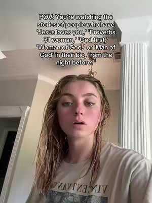 A young woman with wet hair looks directly at the camera with a somewhat surprised or open-mouthed expression. The background shows a home interior with a light-colored wall, a white pillar, and a partial view of a doorframe. Text overlay indicates a POV scenario.