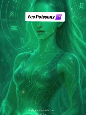 The image shows a digitally-created portrait of a woman with a mystical, ethereal appearance. The woman is depicted from the chest up, with long, flowing hair and a serene expression. She appears to be set against a background of abstract, swirling lines and symbols in green hues, suggesting astrological themes. A white rectangular banner overlaid on the image displays the text "Les Poissons", with the Pisces symbol (♓) next to it, indicating the video's association with the astrological sign of Pisces.