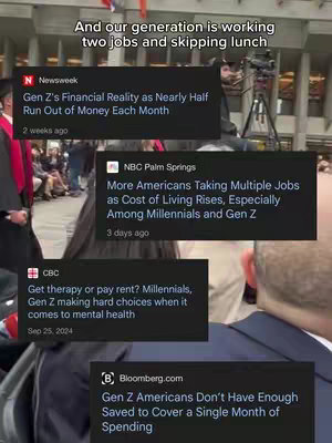 The cover image presents a scene with multiple news snippets overlaid on a background of people in a graduation-style setting. The text overlays are styled like news articles, each with headlines concerning financial struggles among Gen Z and Millennials, focusing on topics like job scarcity, cost of living, and mental health challenges. The overall scene is a mix of candid and staged elements, possibly in a university or event hall.