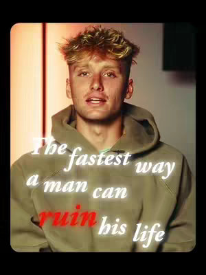 A young man in a hoodie looks towards the camera, with overlaid text that is partially transparent. The background has a warm color grading.