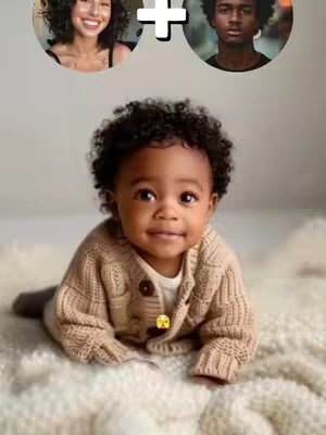 The image is a composite showing an AI-generated baby. In the top left, there's an image of a woman with dark hair, smiling. To the right of that, in the top right, there's an image of a man with dark hair, looking forward. Between these, a plus sign. Below them is this baby, with dark hair, wearing a beige cardigan and lying on a white, textured surface. The child is looking towards the camera and smiling.