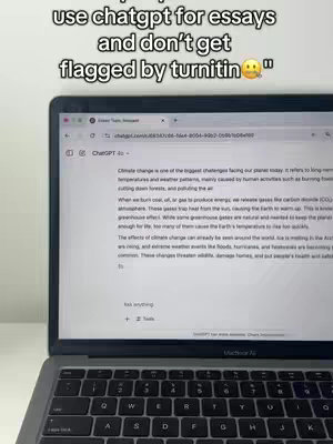 The cover image shows an open laptop displaying a ChatGPT interface with an essay on 'Climate Change'. Above the laptop screen, there is overlay text in a bold font. The laptop sits on a white surface against a neutral background.