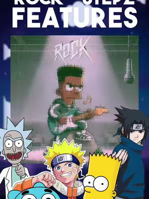 The cover image is a vertical design. It features cartoon characters from Rick and Morty, Naruto, Bart from The Simpsons, and Gumball. These characters are arranged around the main figure of a cartoon man playing a guitar with an "ROCK" text above him. The background has a concert stage feel with lights. The color scheme includes blues, purples, greens, and yellows, creating a lively and energetic composition.