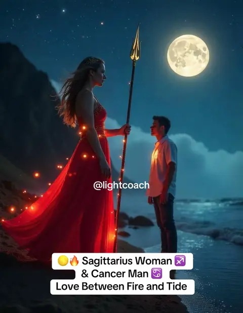A digital illustration depicts a woman with flowing red hair and a red dress holding a spear, facing a man on a beach under a full moon. The sky is dark blue with stars.