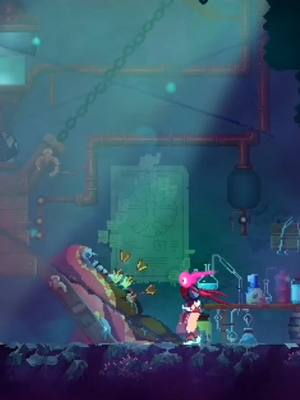 The cover image is a screenshot from the Dead Cells game. It features a pixelated character in the foreground, a female figure with a pink head and red scarf. She has open arms with a trail of flying objects behind her. The background is a complex, industrial/sci-fi environment with pipes, machinery, and a large screen-like structure. The overall color scheme is a blend of blues, greens, and purples with the character's pink head providing a contrasting focal point.
