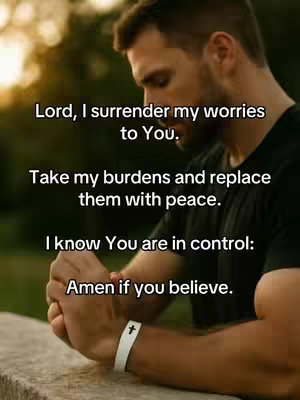 A man is shown from the chest up, with his hands clasped and head bowed in a pose of prayer. Text overlays are added on the image.