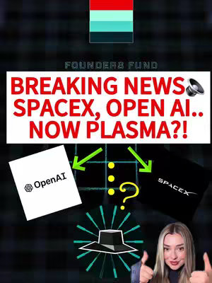 The cover image is a visually dynamic composite. It uses a dark, textured background with a pattern of dark-colored rectangles. A large rectangular banner, featuring text that reads 'BREAKING NEWS SPACEX, OPEN AI... NOW PLASMA?!' in bold, red, and white fonts, dominates the central space. Near the top, the 'FOUNDERS FUND' logo is visible. The logos of OpenAI and SpaceX are placed on either side of a central question mark icon. The creator is positioned on the bottom right holding thumbs up. It seems to be an informational video given the inclusion of corporate logos and bolded text.