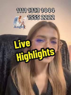 A woman with long blonde hair and glasses is centered in the frame. Above her head, text displays a series of numbers and a small angel image. Overlay text within a yellow and black box reads "Live Highlights". The background is blurred, suggesting an indoor setting.