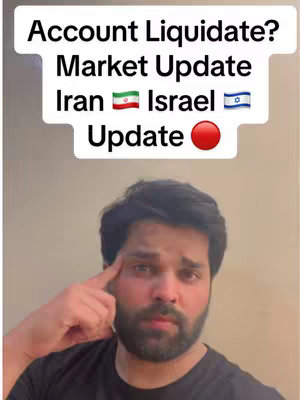 A man is on camera, pointing a finger towards his head with a serious expression. Over his head is a text overlay of a white box with the words "Account Liquidate? Market Update Iran" and "Israel Update". The Iranian and Israeli flags are also visible.