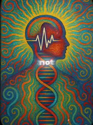An illustrated image with a psychedelic style. The central figure is a human silhouette with a head and a stylized DNA strand running through the body.  Overlaid on the head is a waveform. The background has swirling patterns and sunbursts in a range of bright colors. The word 'not' is overlaid in the neck area.