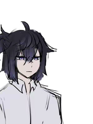 An anime-style character with black, messy hair and purple eyes is shown against a white background. The character has a neutral expression and is wearing a slightly unbuttoned white shirt.