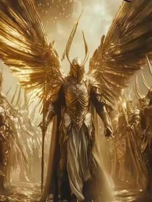 A digital illustration showing a golden-armored angel figure with large golden wings, holding a staff, in front of a crowd of similar figures. The overall color scheme is golden and light, evoking a sense of divine presence and power.
