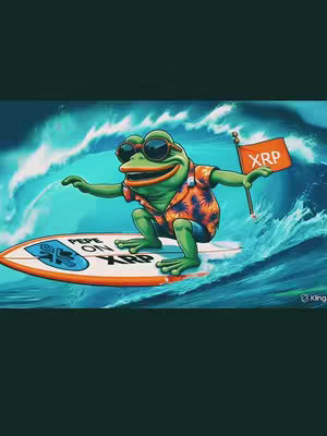 A cartoon frog wearing sunglasses and a Hawaiian shirt surfs on a wave. The frog is riding a surfboard that says "Pepe on XRP". The frog is holding a flag that says "XRP". The background is a blue ocean with waves.