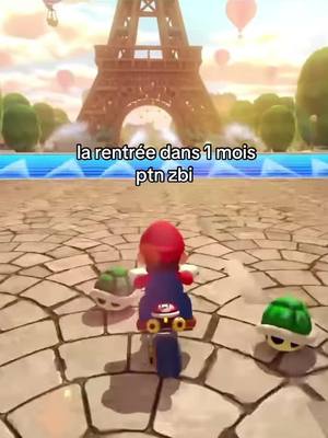 An animated scene featuring MarioKart characters driving around Paris in front of the Eiffel Tower. The image uses bright, cartoonish colors, with a clear view of the track and the iconic landmark.