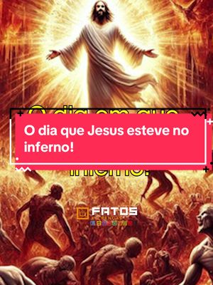 A digital illustration depicts Jesus Christ standing in the center of the image. His body is illuminated by a bright golden light. The background is dominated by a fiery, hellish scene filled with what appear to be tormented figures. At the bottom of the image, a red banner displays the text overlay.