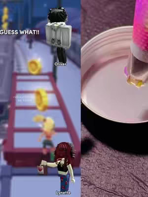 The cover image is split into two vertical halves. The left side depicts a vibrant Roblox game scene, featuring a red platform with multiple characters and gold coin objects. The right side showcases a close-up of a pink container, with what appears to be liquid spilling from a dispenser, creating a contrast between the digital game play and a real-world item.