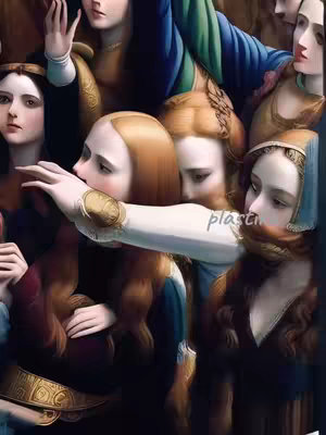 An AI-generated artwork in a Renaissance style features a crowd of figures. Most are women with pale skin, long hair and period clothing. The color palette is dark with muted tones of blues, browns, reds and gold. The composition is focused tightly on the figures, with the primary focal point being a hand extending from the center of the image. The style and color palette suggest the use of an AI image generator.