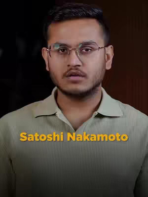 A medium shot of a man with a serious expression, wearing glasses and a light green collared shirt. The image has a dark background with the text `Satoshi Nakamoto` in a yellow-gold, slightly transparent font overlayed on him.