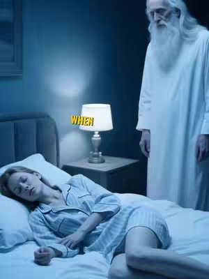 A woman is lying in bed with her eyes closed, presumably asleep. Beside her stands a figure in a white robe, possibly representing a divine or spiritual entity. Over her is a sign that says "WHEN" in yellow. The scene is lit with soft, cool light.