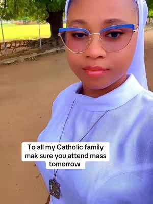 A woman in what appears to be religious attire and blue-tinted glasses poses, with a text overlay at the bottom.
