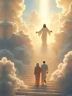 An AI-generated image depicts Jesus Christ standing on a cloud staircase, with outstretched arms, bathed in sunlight, above a couple ascending towards him. The scene has a heavenly, uplifting atmosphere.