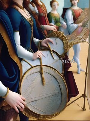 An AI-generated image depicting what appears to be Renaissance-era women in a classical setting. Several women are present, some in historical attire, holding what appear to be elaborate astrolabes or similar measuring instruments. The image has a vintage style with a muted color palette and a focus on the detailed craftsmanship of the objects.
