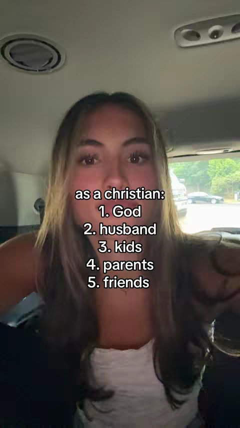 A young woman is sitting in the back of a car. She's facing the camera directly with a natural expression. Overlayed on the image is a list of priorities as a christian, numbered one through five, in white text.