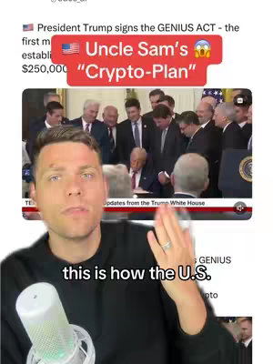 A man stands in front of the camera while a video plays on the screen behind him. A red banner is superimposed on the video, which shows a group of men, with President Trump signing a document. The hook text overlaps the background, announcing the US's Crypto-Plan.