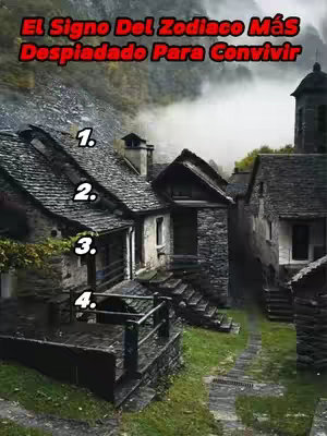 The cover image features a quaint village scene with numerous stone houses nestled among a lush landscape and mountains. The sky is slightly overcast. superimposed on the image are numbers 1 through 4.
