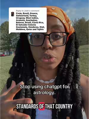 A person with dark hair, glasses, an orange headscarf, and a shell necklace is the central focus of the image. Text overlays state, "Stop using chatgpt for astrology." and "STANDARDS OF THAT COUNTRY." with a comment next to the main subject. Blue-green background in the distance with few trees and fields.
