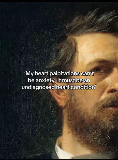 The cover image features a detail from a classic oil painting, showing the upper torso and face of a man with a beard and mustache. He looks to the side with a concerned expression. Overlaid on the image is text in white regarding anxiety and heart palpitations, adding a modern touch to the antique artwork.