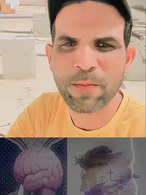 The cover image shows a man in the top half of the frame with a neutral expression and wearing a yellow shirt. Below him are two superimposed images: one appears to be a brain, colored in shades of pink, the other seems to depict a religious figure with three crosses in the background.