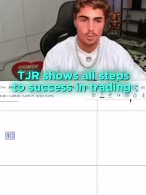 The cover image shows a man in a white shirt in front of what appears to be a computer screen displaying trading charts. The overlay text is in turquoise, reads "TJR shows all steps to success in trading". The man is looking directly at the viewer, and parts of his background are visible.