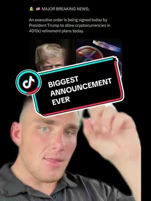 A selfie-style video cover with a man in the foreground pointing a finger at a text overlay that says 'BIGGEST ANNOUNCEMENT EVER'. In the background, overlaid on a black background is text about current event news and a blurred image of Donald Trump.