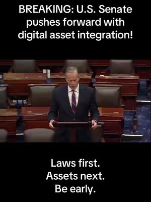 The cover image displays a man in a suit and tie standing at a podium, likely in a Senate chamber, with rows of seating in the background. Text overlays at the top and bottom provide context and a call to action.