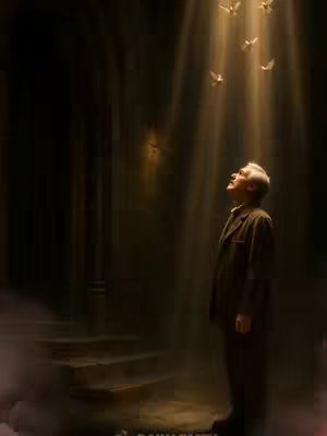 A man stands in a dimly lit, cathedral-like space, looking upward towards beams of light and several floating doves. The scene is framed by a dark background and the man wears a suit.